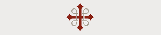 Logo för Sankt Olofsleden. Ett vinrött kors med en grå sevärdhetskringla.